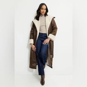 Sherpa Faux Suede Dynamite Brown and Cream Long Coat